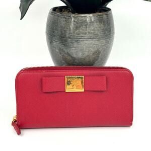 Prada Saffiano Bow Zip Around Continental Red Wallet GHW